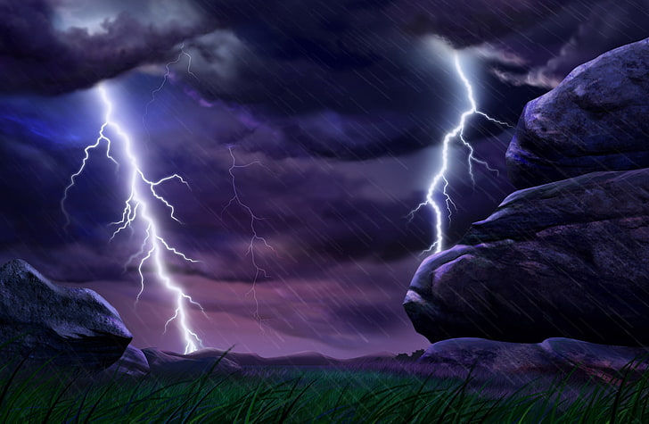 thunder illustration, the storm, rain, element, lightning, the shower, HD wallpaper