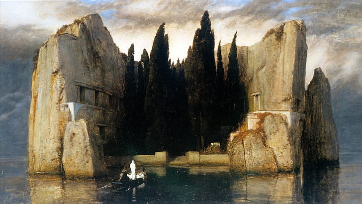 Arnold Böcklin, boat, Classic Art, cliff, clouds, fantasy Art