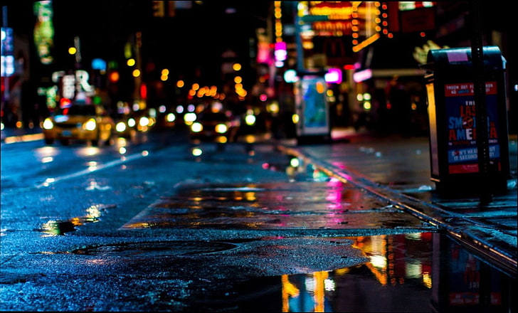 urban, colorful, night, Times Square, New York City, wet street