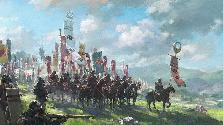 samurai, battle, war horse, Japan, armor, flag, HD wallpaper