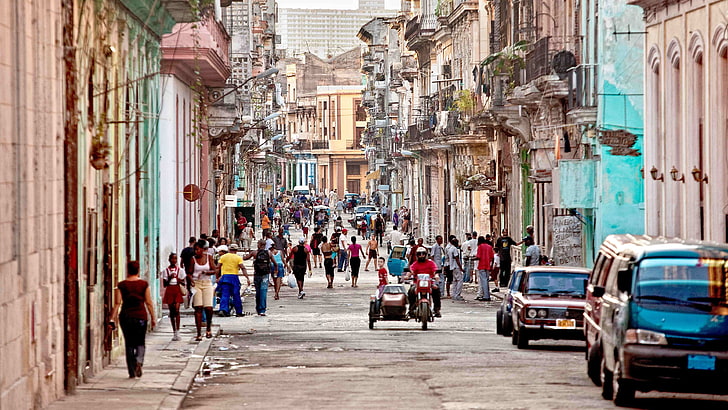 Havana, Cuba, car, street, people, mopeds, old building, city