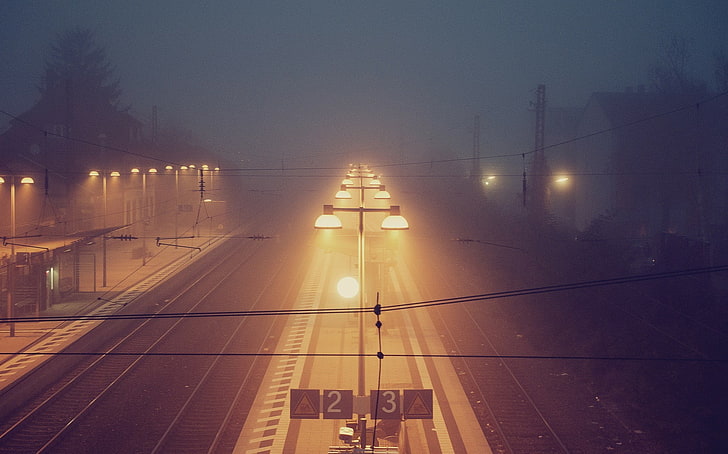 orange street lights, rail train photo at nighttime, train station, HD wallpaper