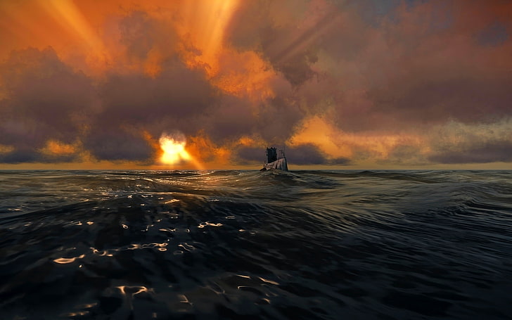 submarine, video games, sea, silent hunter, water, sunset, sky