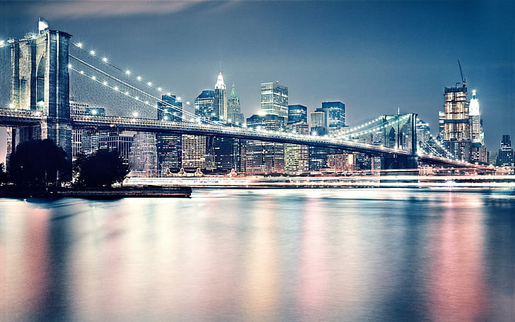 cityscape, bridge, building, New York City, Manhattan, city lights, HD wallpaper