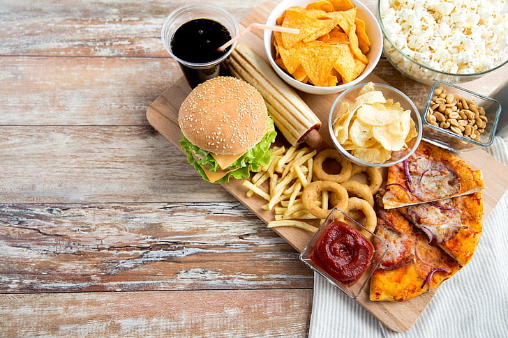 pizza, ketchup, chips, French fries, Burger, fast food, onion rings, HD wallpaper