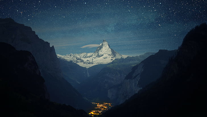 snow, Switzerland, space, town, mountains, Matterhorn, clouds, HD wallpaper