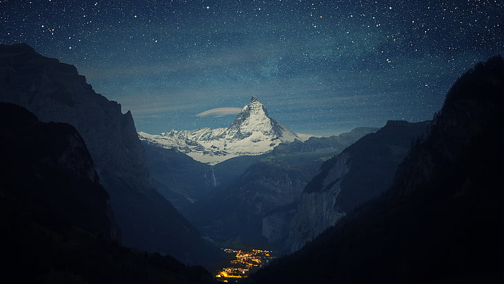 black mountain, snow, winter, lights, night, stars, landscape, HD wallpaper
