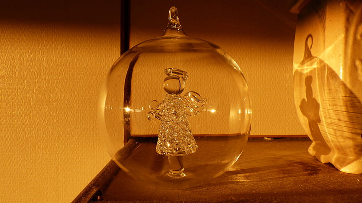 clear glass bauble, Noel , Christmas, angel, gold, indoors, no people, HD wallpaper