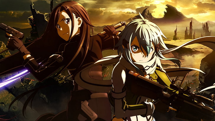 brown haired female anime character illustration, sword, gun
