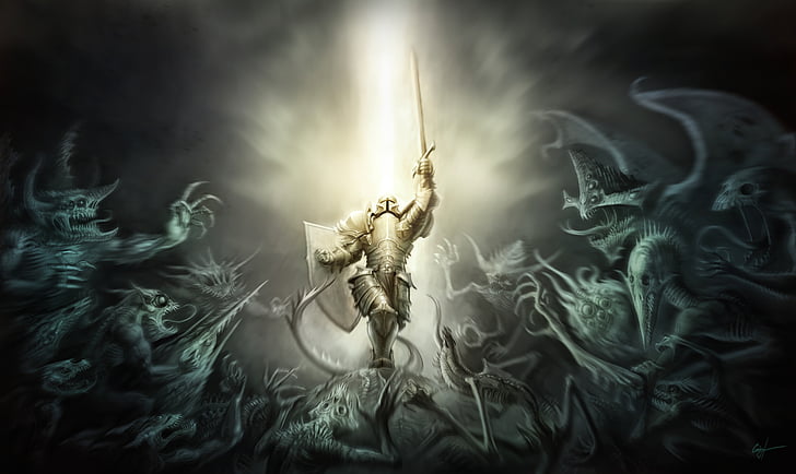 Fantasy, Knight, Armor, Demon, Shield, Sword, Warrior, smoke - physical structure, HD wallpaper