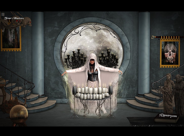Skull Illusion 7, white and gray skull-themed window and woman with white robe