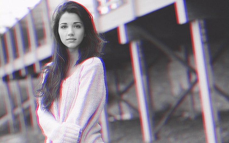 grayscale photo of woman, anaglyph 3D, filter, portrait, young adult, HD wallpaper