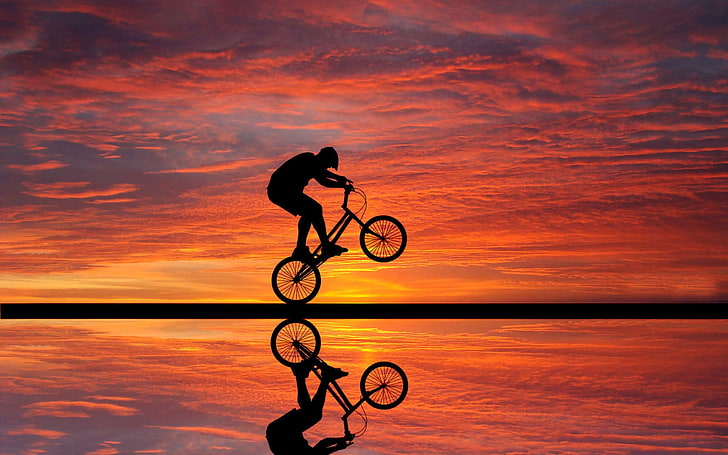 Beach Sunset Cyclista, silhouette of person riding bike, Sports