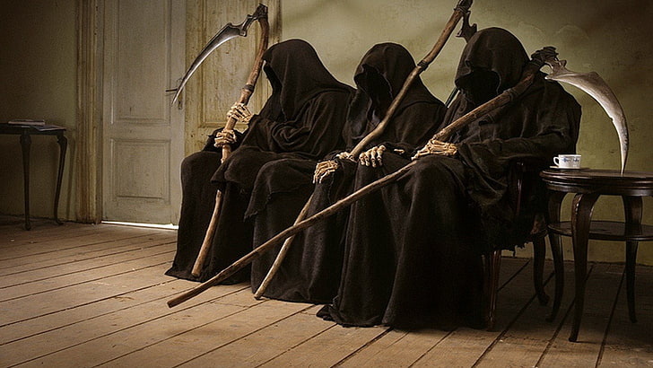 three grim reapers, Dark, indoors, full length, people, adult