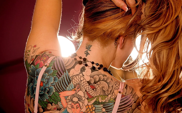 multicolored back tattoo, women, redhead, necks, arms up, model