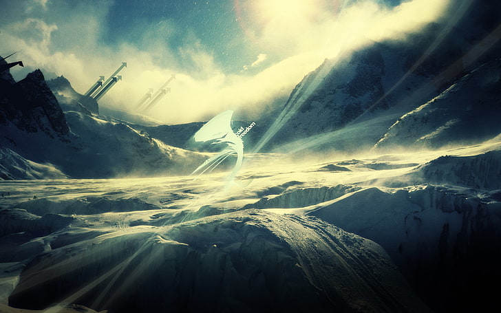 snow capped mountain daytime, digital art, arrows (design), landscape