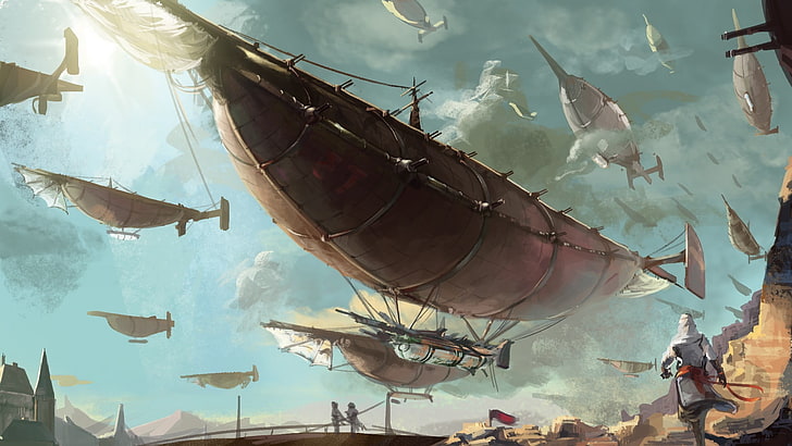 Assassin's Creed game scene, fantasy art, digital art, airships, HD wallpaper