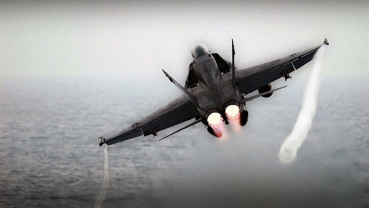 black aircraft, McDonnell Douglas F/A-18 Hornet, jets, afterburner, HD wallpaper