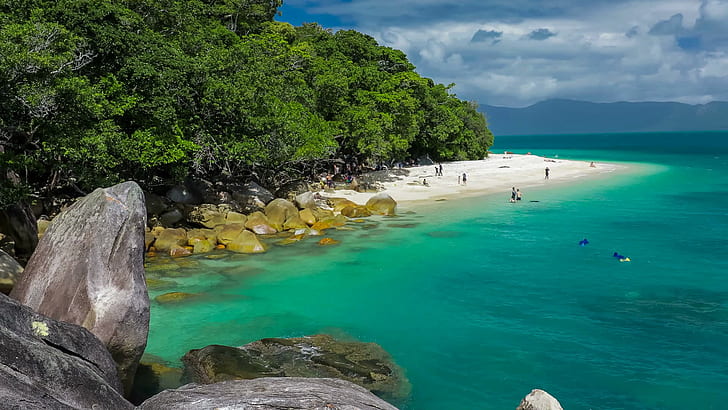 Fitzroy Island Queensland Australia Nudey Beach Turquoise Water Ocean White Sandy Beach Rocks Green Tropical Forest Wallpaper Hd For Pc Tablet And Mobile 1920×1080, HD wallpaper