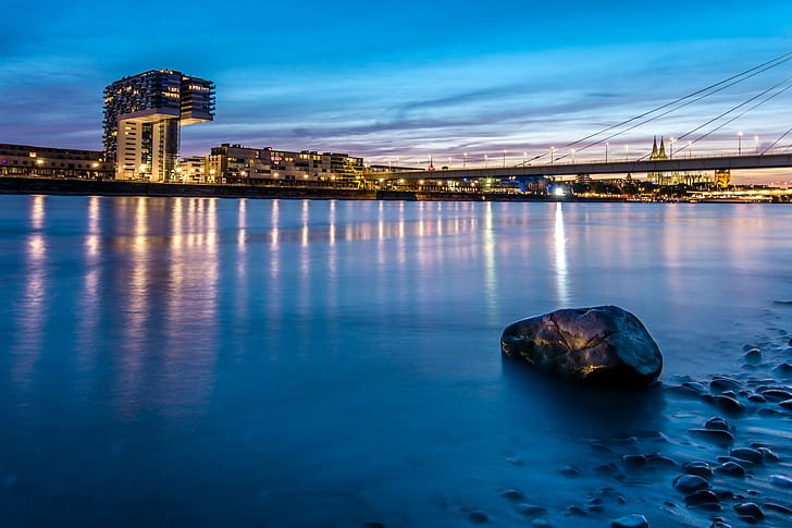 rock beside river near lighted buildings, Right Angle, Blue Hour, HD wallpaper