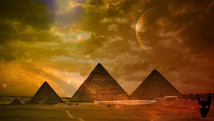 pyramid, desert, moon, fantasy, HD wallpaper