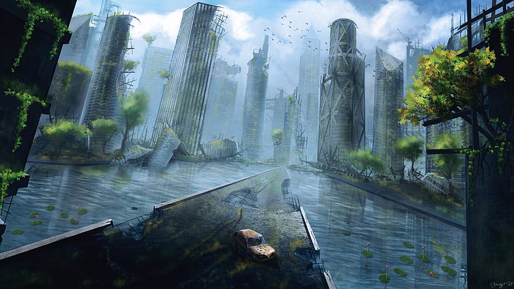artwork, apocalyptic, city, ruin, skyscraper, water, plant