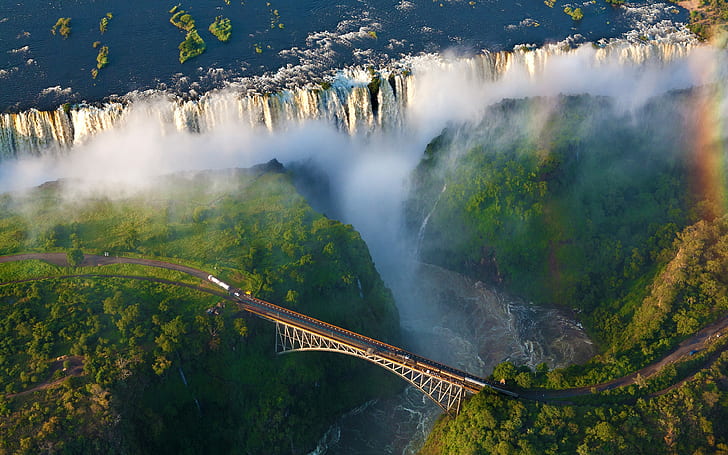 nature, waterfall, landscape, bridge, Africa, aerial view