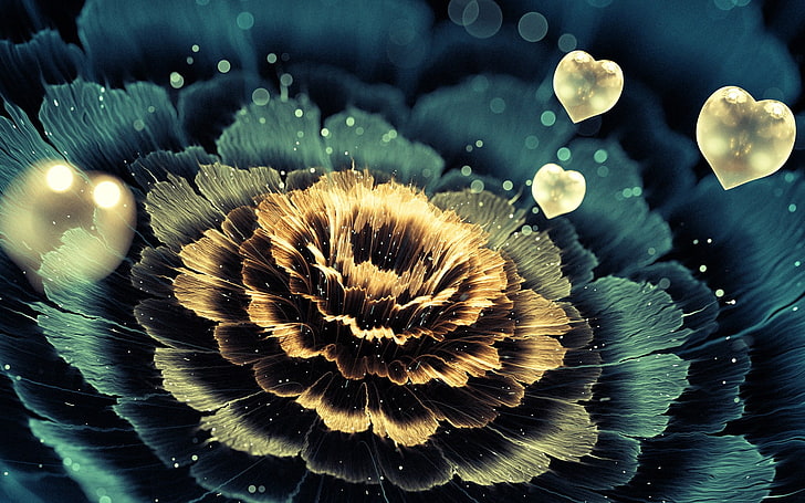 3D fractal, heart, flowers, petals, love, digital art, animals in the wild