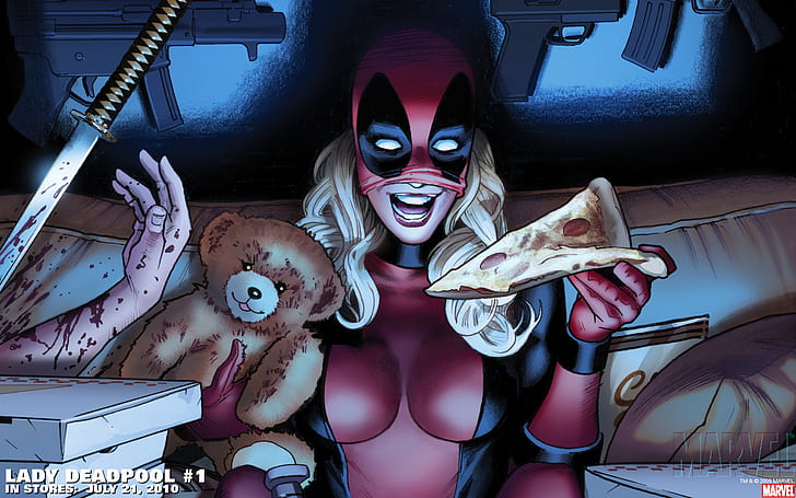 Lady Deadpool Marvel Pizza Teddy Bear HD, cartoon/comic