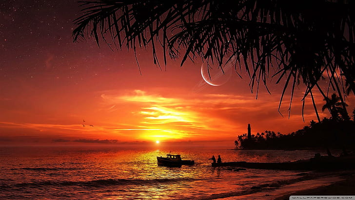 Fantasy Summer Sunset Beach, fishing, 3d and abstract