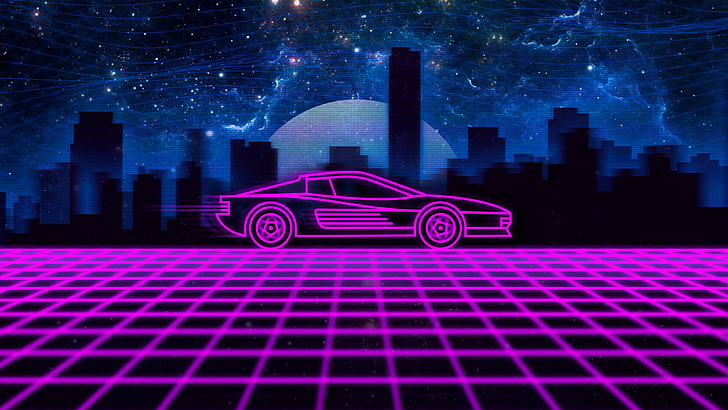 pink car illustration, synthwave, neon, Retrowave, Ferrari Testarossa