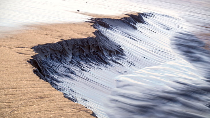 body wave of water, brown land formation, sea, waves, long exposure, HD wallpaper