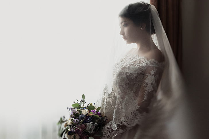 brides, women, flowers, model, HD wallpaper