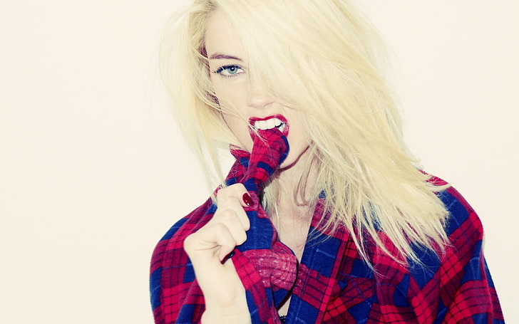 women's red and blue plaid shirt, Amber Heard, biting, blonde