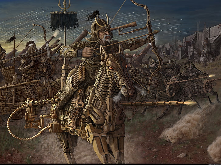 Samural with robot horse illustration, ancient, old, warrior, HD wallpaper