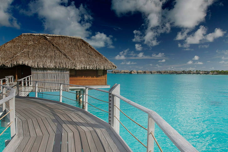 Water Bungalows Bora Bora, brown floating hut, island, exotic, HD wallpaper