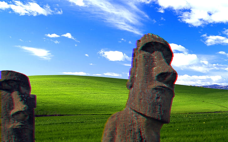vaporwave, glitch art, Windows XP, hills, Moai, HD wallpaper