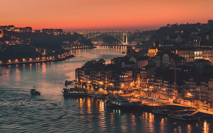 Portugal, city of Porto, evening, lights, river, bridge, buildings