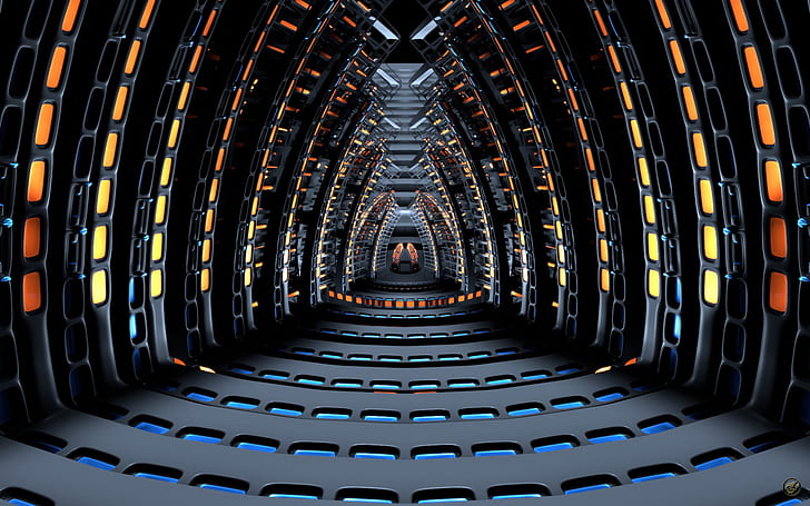 3d HD, black and orange tunnel, abstract, HD wallpaper