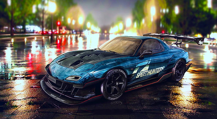 Mazda, Drift, Car, Blue, RX-7, Speedhunters, Nigth, YASIDdesign, HD wallpaper