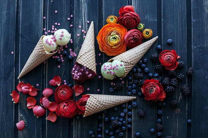 flowers, ice cream, waffle cone