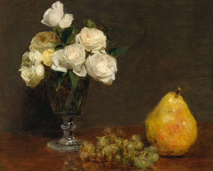 roses, picture, grapes, vase, pear, Henri Fantin-Latour, Still life with Roses and Fruit, HD wallpaper