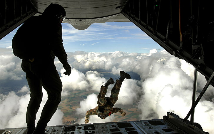 men's black skydiving suit, military, paratroopers, clouds, aircraft, HD wallpaper