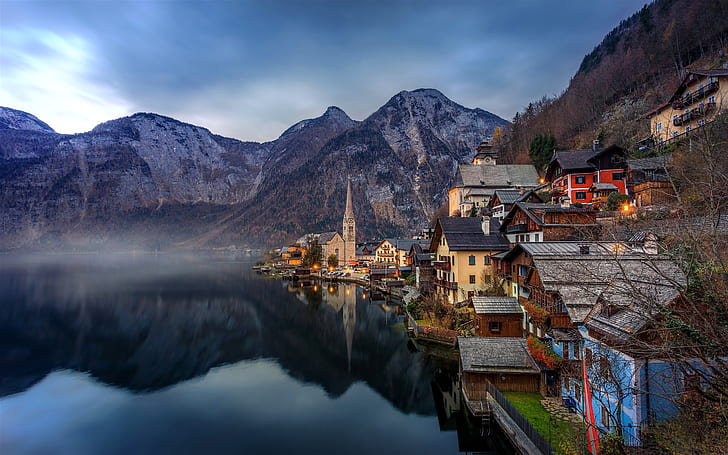 Beautiful town, Hallstatt, Austria, Alps, lake, mountains, houses, dawn
