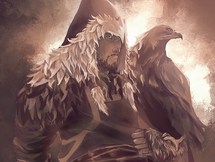 man and eagle illustration, bird, hat, art, male, Mongol, art and craft, HD wallpaper