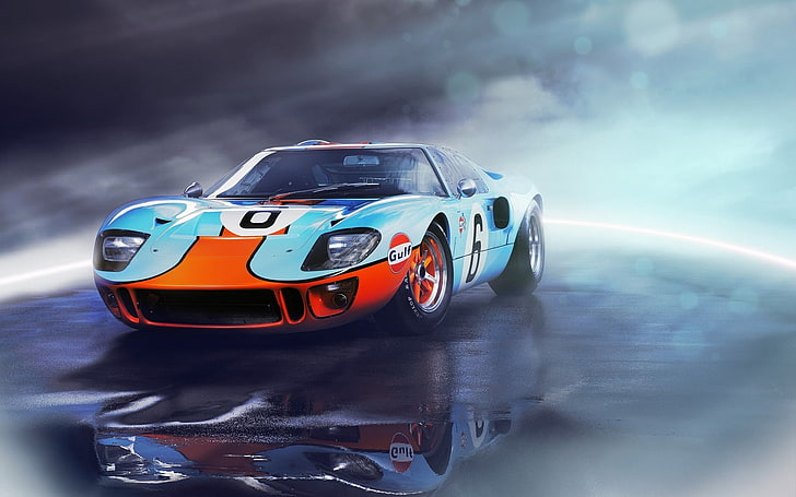 blue and white sports car, ford, gt40, front view, speed, competition
