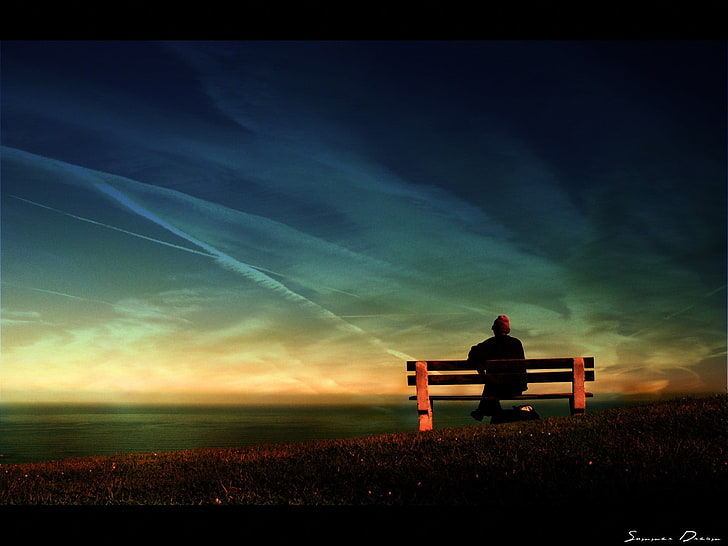 bench, sky, people, sea, nature, cloud - sky, one person, sitting