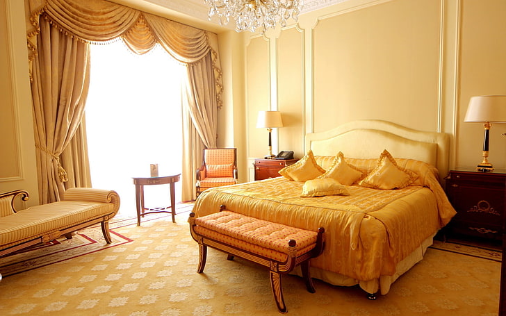 gold curtains, sofa, design, yellow, interior design, apartment, HD wallpaper