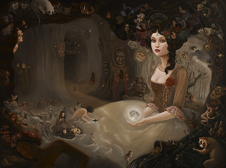Countess Fantasy, woman in gray victorian dress holding crystal with creatures illustration