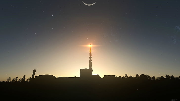 black tower, Kerbal Space Program, Launch, stars, rocket, silhouette